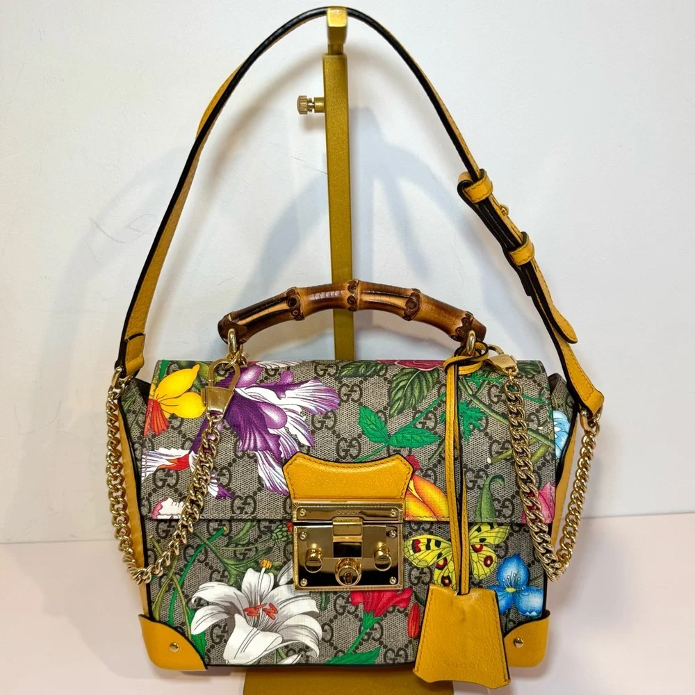 Gucci GG Supreme Monogram Logo Flora Yellow Small Padlock Bamboo Bag W Crossbody - Picture 2 of 16